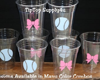 24+ baseballs & fancy bows clear disposable cups or 20+ decals. Baby shower, gender reveal, baseball, bow, sprinkle party. B-224 C-155