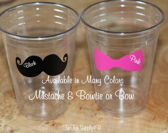 24+ Mustache + Bow or Bowtie clear disposable cups or 20+ vinyl decals.Baby Shower,Gender Reveal party,Birthday party,mustache Bash.B-65 B71