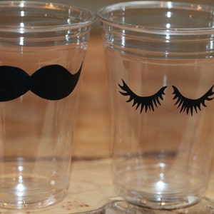 12 Eyelash sets + 12 Mustache clear disposable cups or 20+ total decals  Baby Shower,Gender reveal,Birthday party,Staches or lashes.B-30C-99