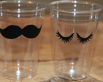12 Eyelash sets + 12 Mustache clear disposable cups or 20+ total decals  Baby Shower,Gender reveal,Birthday party,Staches or lashes.B-30C-99
