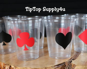24+ clear plastic cups.Gambling party decor, poker game, deck of cards hearts,clubs,spades,party,diamonds,21st birthday, birthday cups.C-289