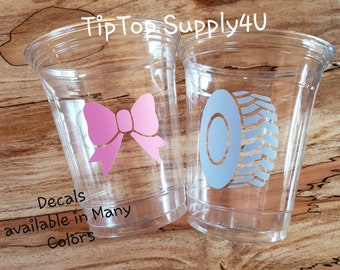 24+ burnout or bows clear disposable cups or 20+ decals Baby shower,gender reveal,team pink vs team blue,boy or girl,sprinkle,wheel.B224C339