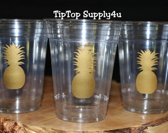 24+ pineapple clear disposable party cups, cup or 20+ vinyl decals. Kids party, birthday party, luau, luau party, party decor, shower. C-244