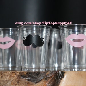 12 mustache & 12 Lip total 24+ clear disposable party cups or 20+ vinyl decals.Baby Shower,gender reveal,his and her party,design. B-64 B-65