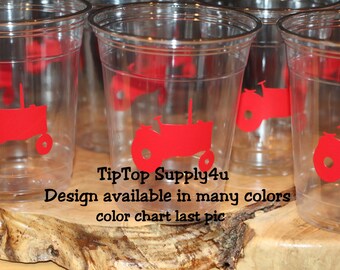 24+ tractor clear disposable party cup,cups or 20+ vinyl decals. Birthday, birthday decor, boy birthday, baby shower,old tractor. C-267