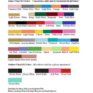 May include: Color chart for vinyl, showing 631 indoor vinyl colors and 651 outdoor vinyl colors. The chart lists the colors in rows, with the color name written below each color swatch. The chart also includes a note that the colors may vary due to monitor settings.