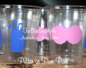 24+ putter & pom pom clear disposable cup,cups or 20+ vinyl decals.Baby Shower,Gender reveal,cheerleader, golf,boy or girl,sprinkle.C-178179