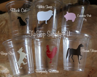 24+ Barn Yard country Farm clear disposable party Cups. Birthday Party, horse, pig, dog, cat, rooster, Baby Shower,  Disposable cups. B-220