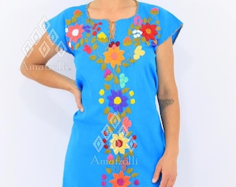 Short Mexican Manta Dress Embroidered by Hand mod. Sky blue