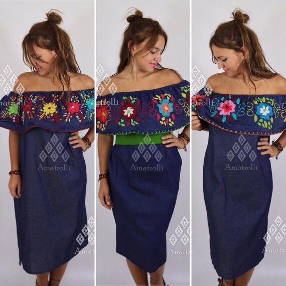 Vestido Mexicano de Mezclilla tipo Campesina Olan Bordado | Etsy México