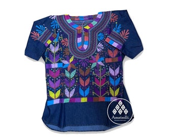 Blusa Mexicana de Mezclilla XL con Bordado Artesanal modelo Milpa