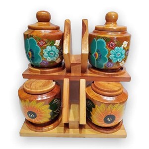 LOTE DE 2 Servilleteros con Azucareras de Madera Pintados Mexicanos