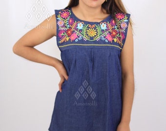 Mexican Sleeveless Denim Blouse with Typical Margarita Embroidery