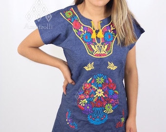 Vestido Mini Blusón de Mezclilla con Bordado Típico Mexicano