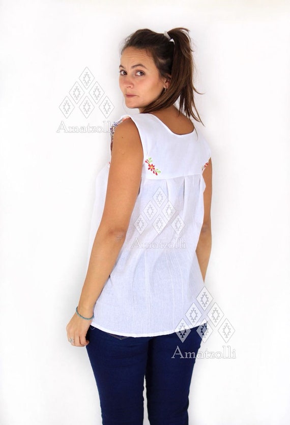 Blusa Mexicana de Manta Sin Mangas con Bordado Tipico de Margaritas Etsy Espana
