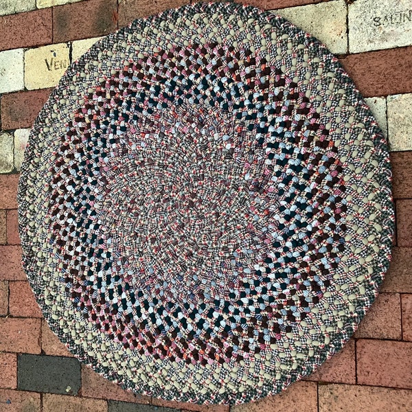 Hand Braided Round Wool Rug, Speckled, with red, green, brown and tan 3’ x 3’