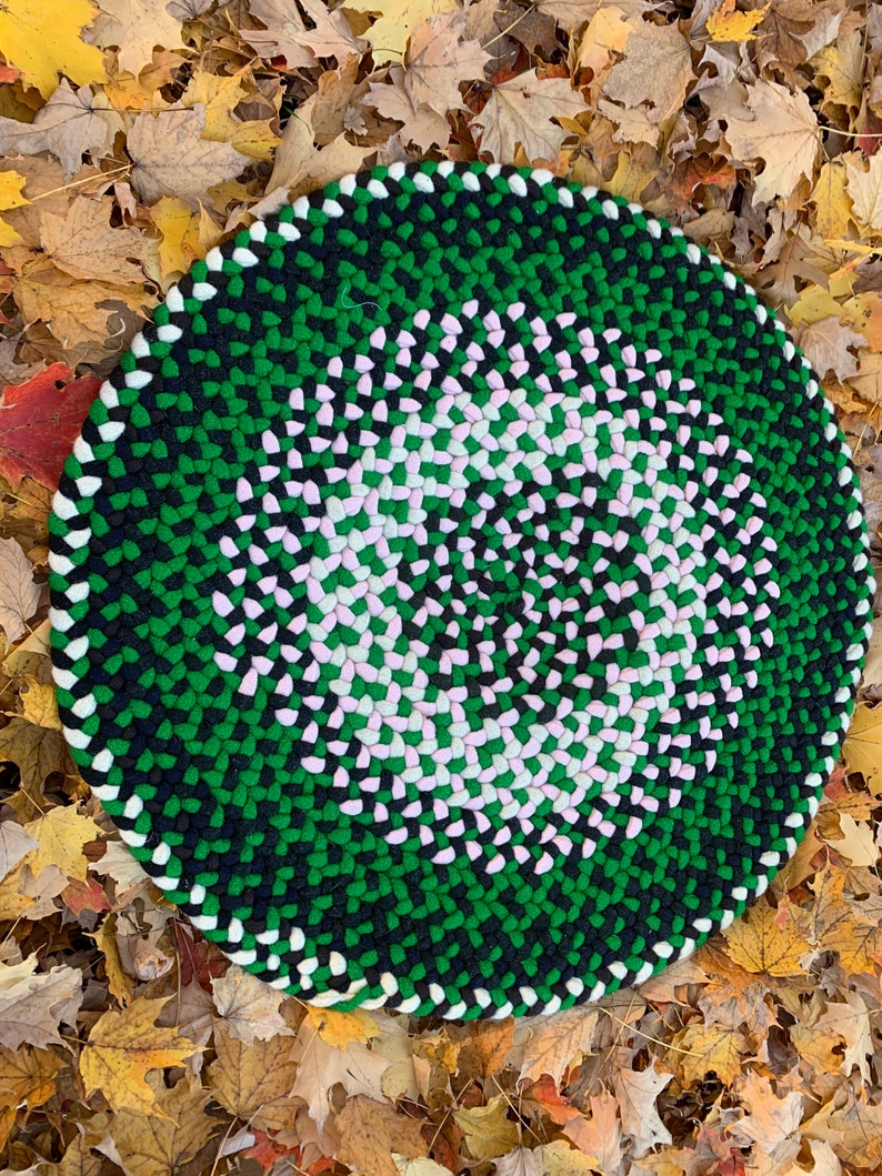 Hand Braided Round Wool Rug, Green, Black, Pink and White, 28 Etsy