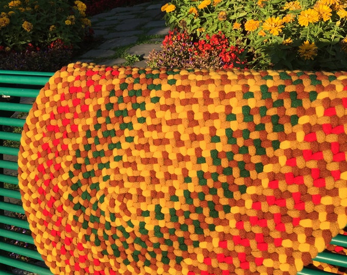 Hand Braided Oval Wool Rug, Gold, Yellow Gold, Rust, Red and Green 38 X