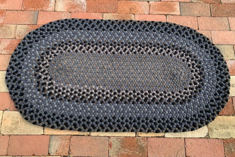 Hand Braided Oval Wool Rug, Black, Gray and Tweed 47x 25 Etsy