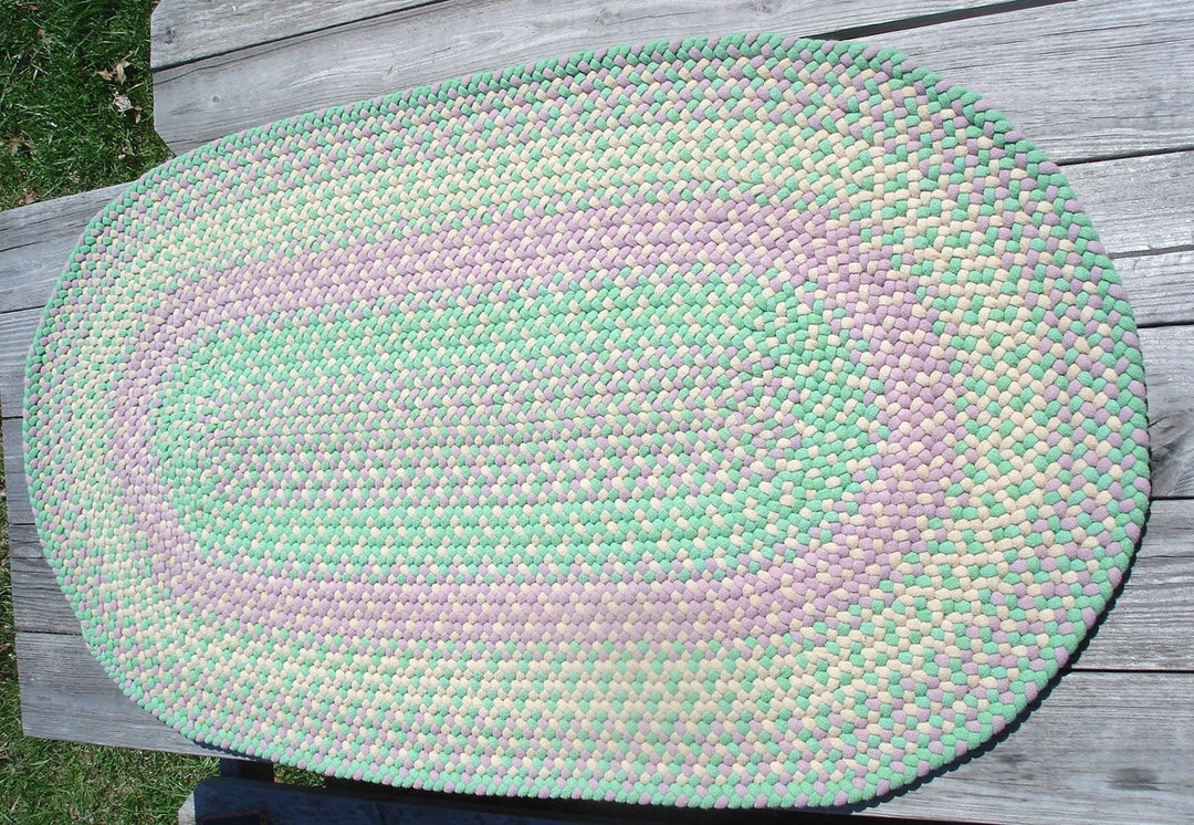 Hand Braided Oval Wool Rug 53 X 30, Pastel Green, Pink and Cream Etsy
