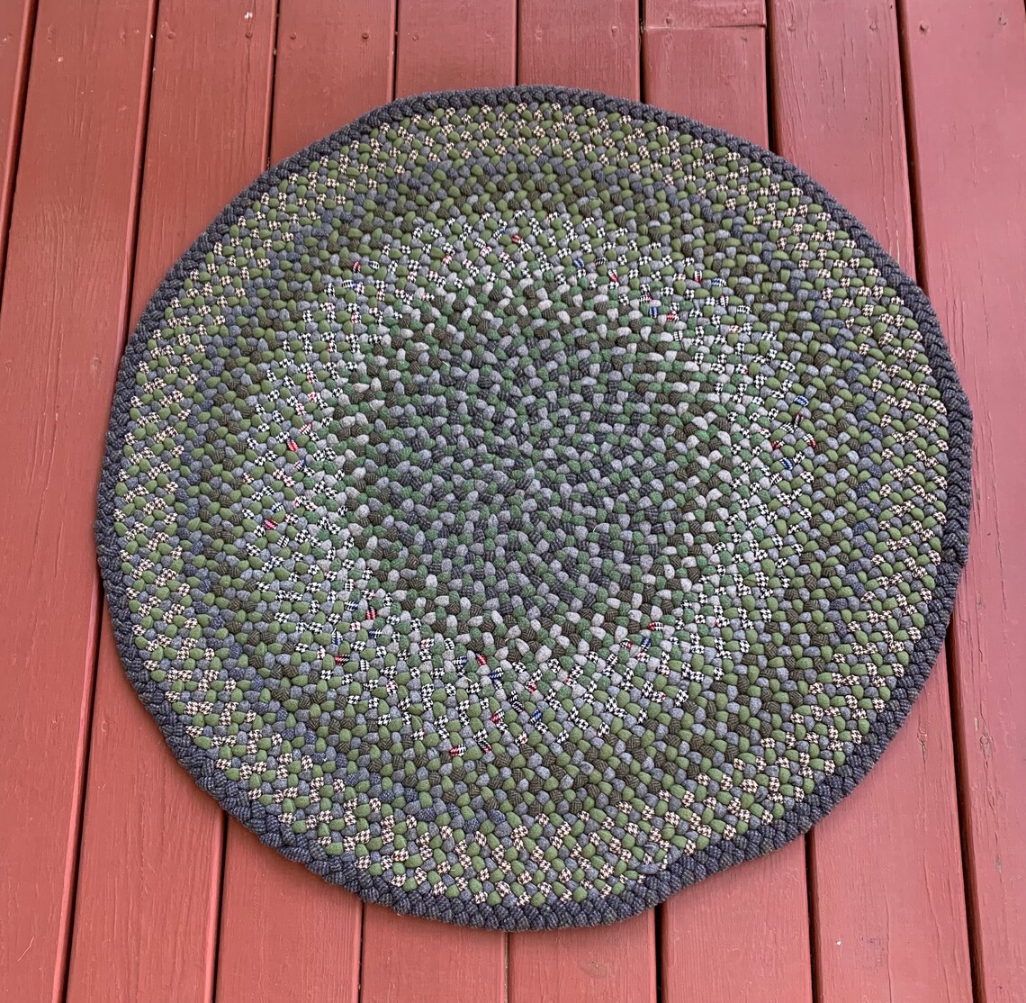 Hand Braided Round Wool Rug, Green Gray and Houndstooth, 36 Etsy