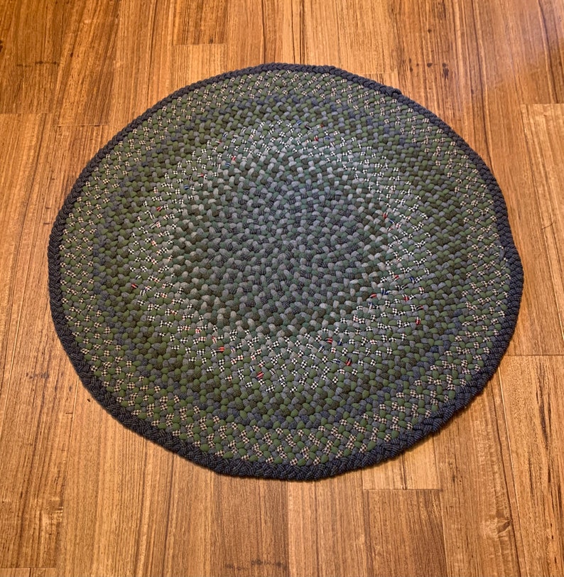 Hand Braided Round Wool Rug, Green Gray and Houndstooth, 36 Etsy