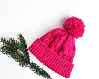 Gorro de lana para niños con pompón, Gorro con pompón de punto Scarlet Warm, Gorro clásico Pom