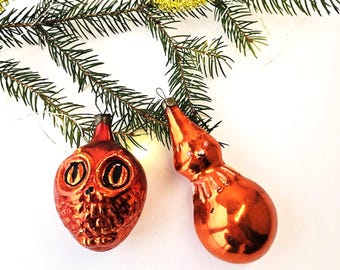 フクロウとピエロのガラス製クリスマスツリー飾りセット、ソビエトヴィンテージ60年代、ロシアの新年