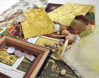 May include: A collection of craft supplies including yellow fabric, lace, buttons, and wooden beads. The supplies are arranged on a table with a vintage-style background.