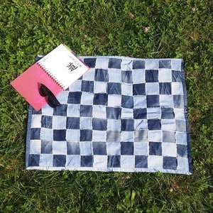Small Denim Rug: Patchwork Checkerboard, Recycled Jeans (30.7x23.6&quot;)