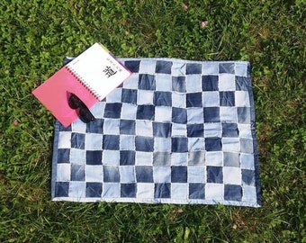 Klein denim vloerkleed: patchwork dambordpatroon, gerecyclede jeans (30,7 x 23,6 inch)