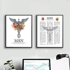 Dekoracja biura MSN Master of Science in Nursing Kaduceusz z kwiatami Definicja zawodu Prezent na ukończenie szkoły