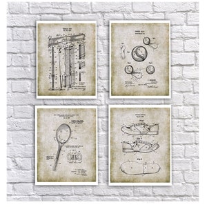 Tennis Coach Gifts - Tennis Wall Decor Set of 4  printable downloadable Patent Art for Tennis Balls Tennis Net Tennis Racket Tennis Shoes