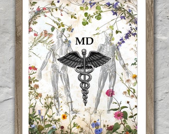 Doctor Office Decor featuring MD Caduceus with Human Anatomy and Wildflowers - Physician gift - Medical Student Graduation gift.