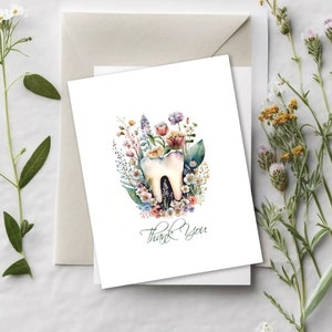 Tarjeta de agradecimiento del dentista y arte de pared imprimible Archivos digitales Diente con flores silvestres Ilustración, decoración de consultorio dental y papelería