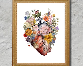 Watercolor Floral Human Heart Anatomy Art, Cardiologist Office Decor, Cardiology Nurse, Heart Surgeon Thank You Gift, Doctor Office Decor