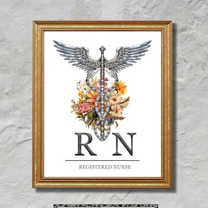 Registered Nurse RN Office Decor with Caduceus and Flowers Nursing School Graduation Nurse Appreciation Gift