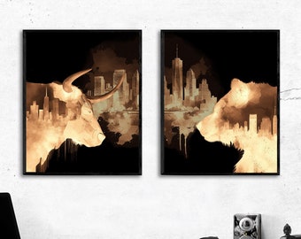 Bull and Bear Watercolor Abstract Decor Art