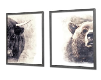 Bull and Bear Watercolor Abstract Stock Market Wall Decor Art