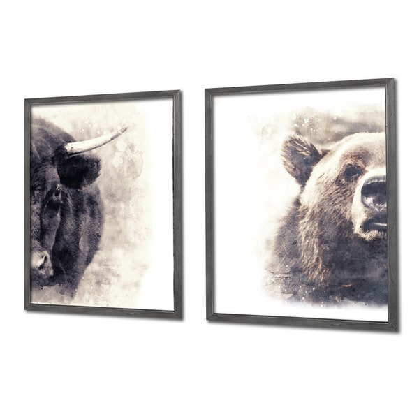 Bull and Bear Watercolor Abstract Stock Market Wall Decor Art