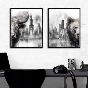 Bull and Bear Art with Chicago Skyline, Day Trader Decor, Stock Market Wall Decor