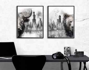 Bull and Bear Art with Chicago Skyline, Day Trader Decor, Stock Market Wall Decor