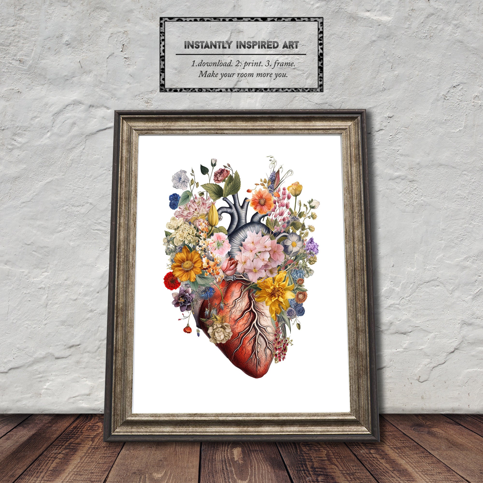 Watercolor Floral Human Heart Anatomy Art, Cardiologist Office Decor ...