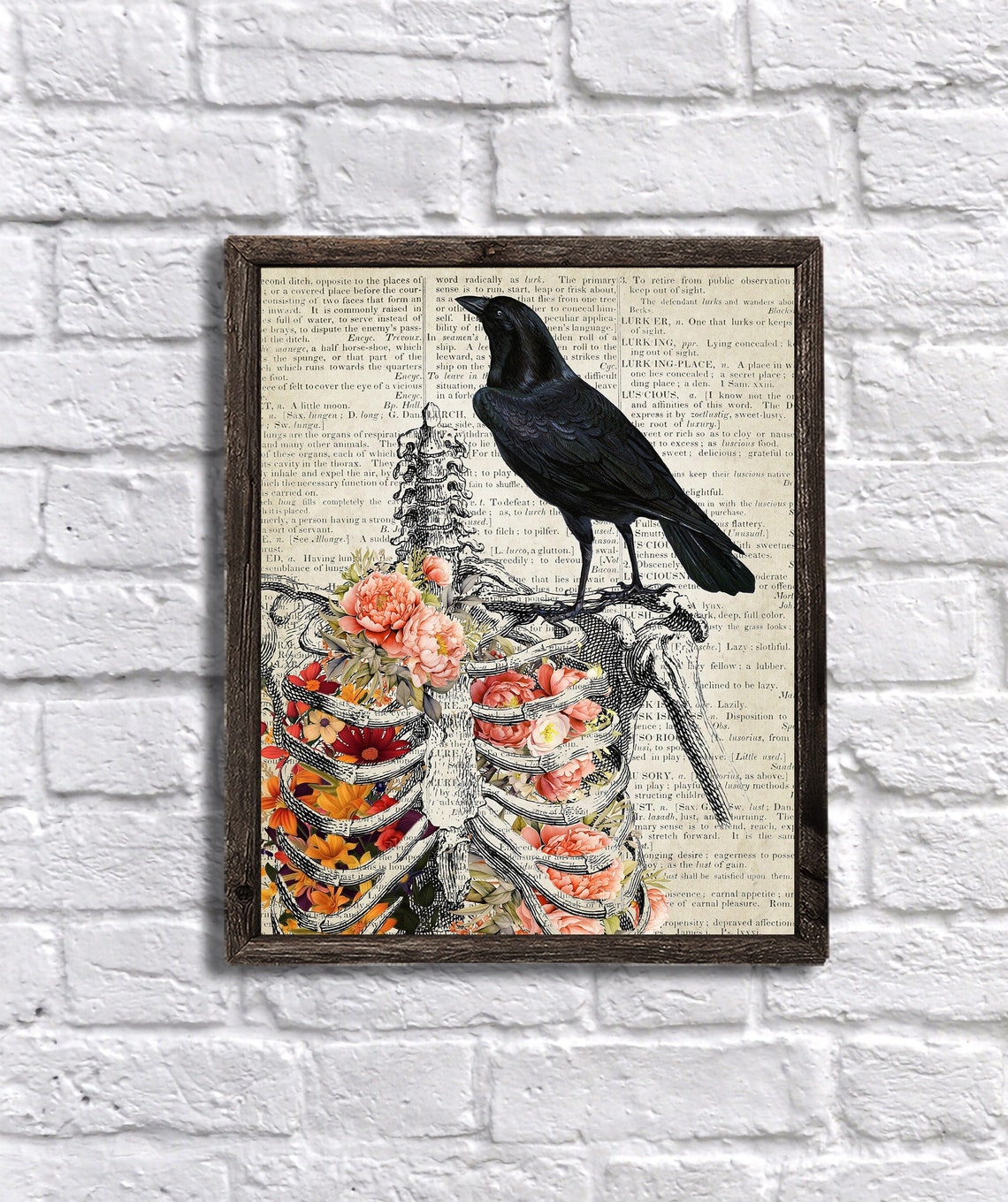 Halloween Printable Skeleton With Flowers and Black Bird Wall Etsy
