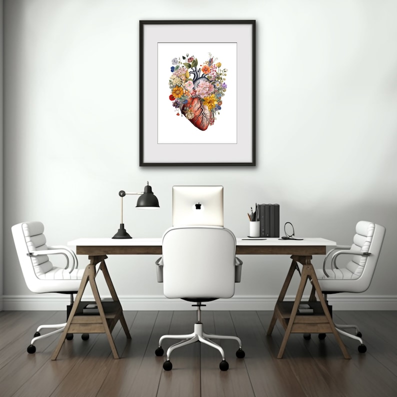 Watercolor Floral Human Heart Anatomy Art, Cardiologist Office Decor ...