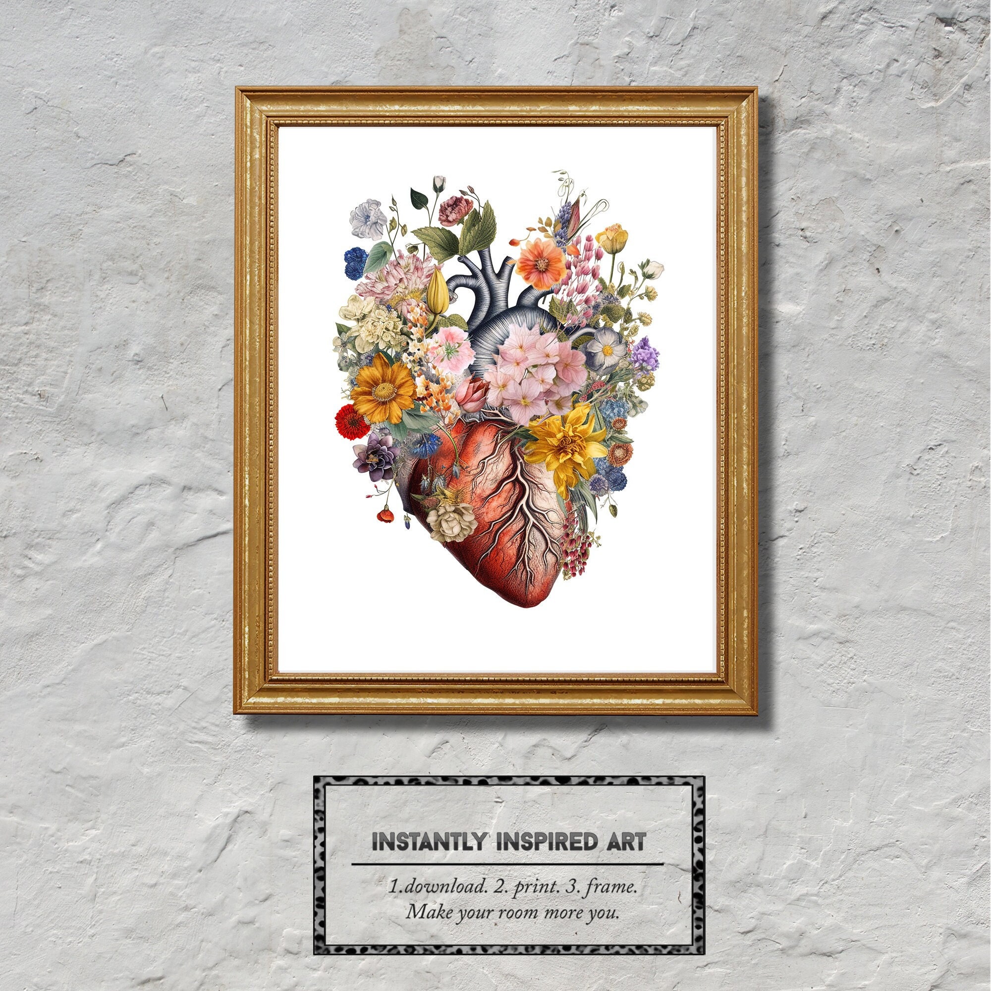 Watercolor Floral Human Heart Anatomy Art, Cardiologist Office Decor ...