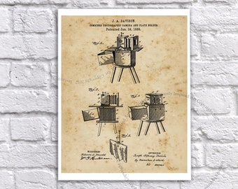 May include: A vintage patent drawing for a combined photographic camera and plate holder, invented by J.A. Davison and patented on 24 January 1888. The drawing shows a detailed illustration of the camera with its various components.
