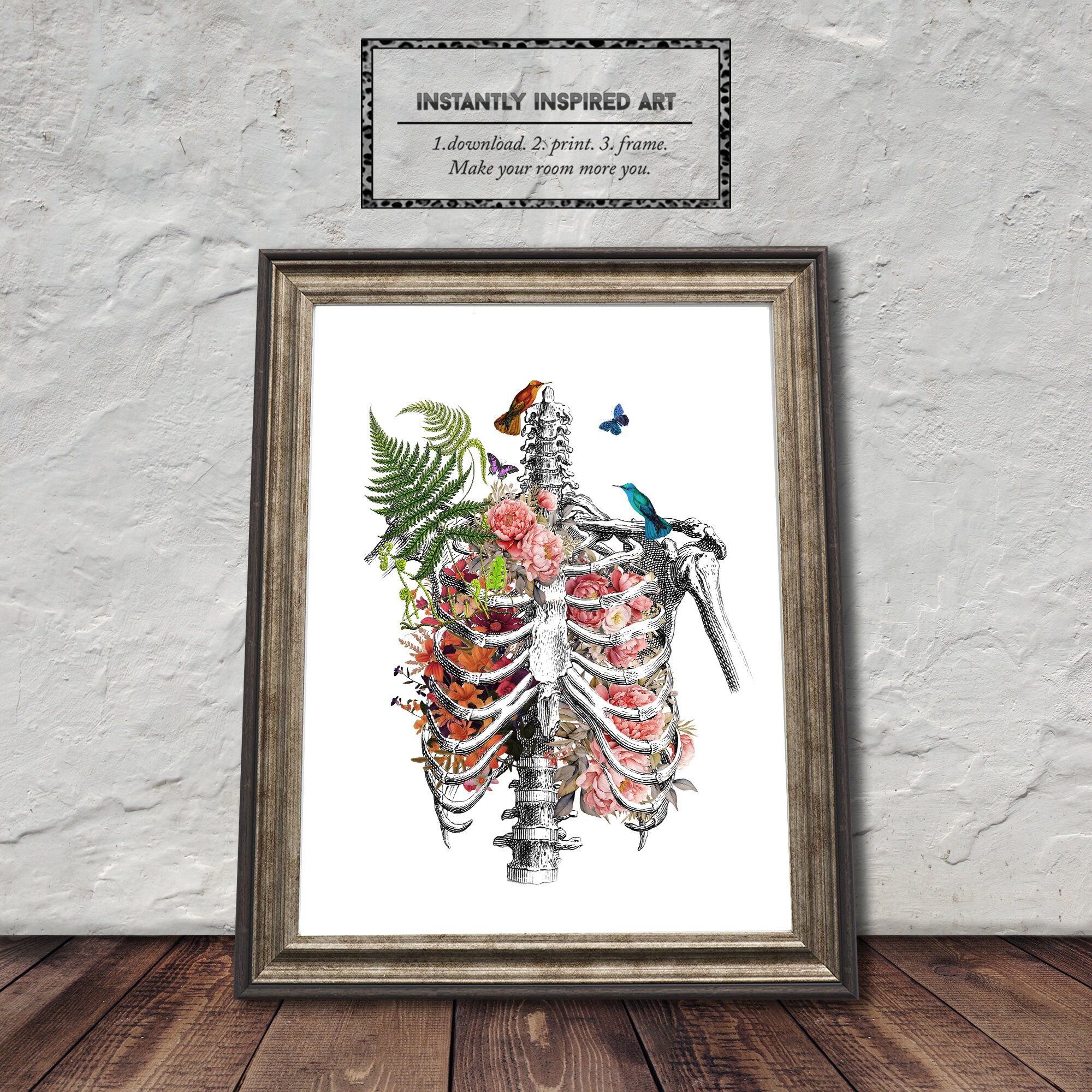 Ribcage Anatomy With Flowers Printable Art - Anatomy Wall Art - Floral ...