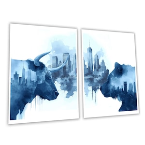May include: A blue watercolor painting of a bull and a bear with the New York City skyline in the background. The bull is on the left side of the image and the bear is on the right side. The skyline is in the middle of the image.