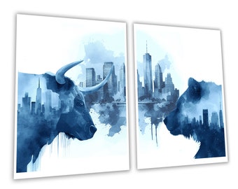 Bull and Bear Art with New York Skyscape, Day Trader Decor, Stock Market Wall Decor
